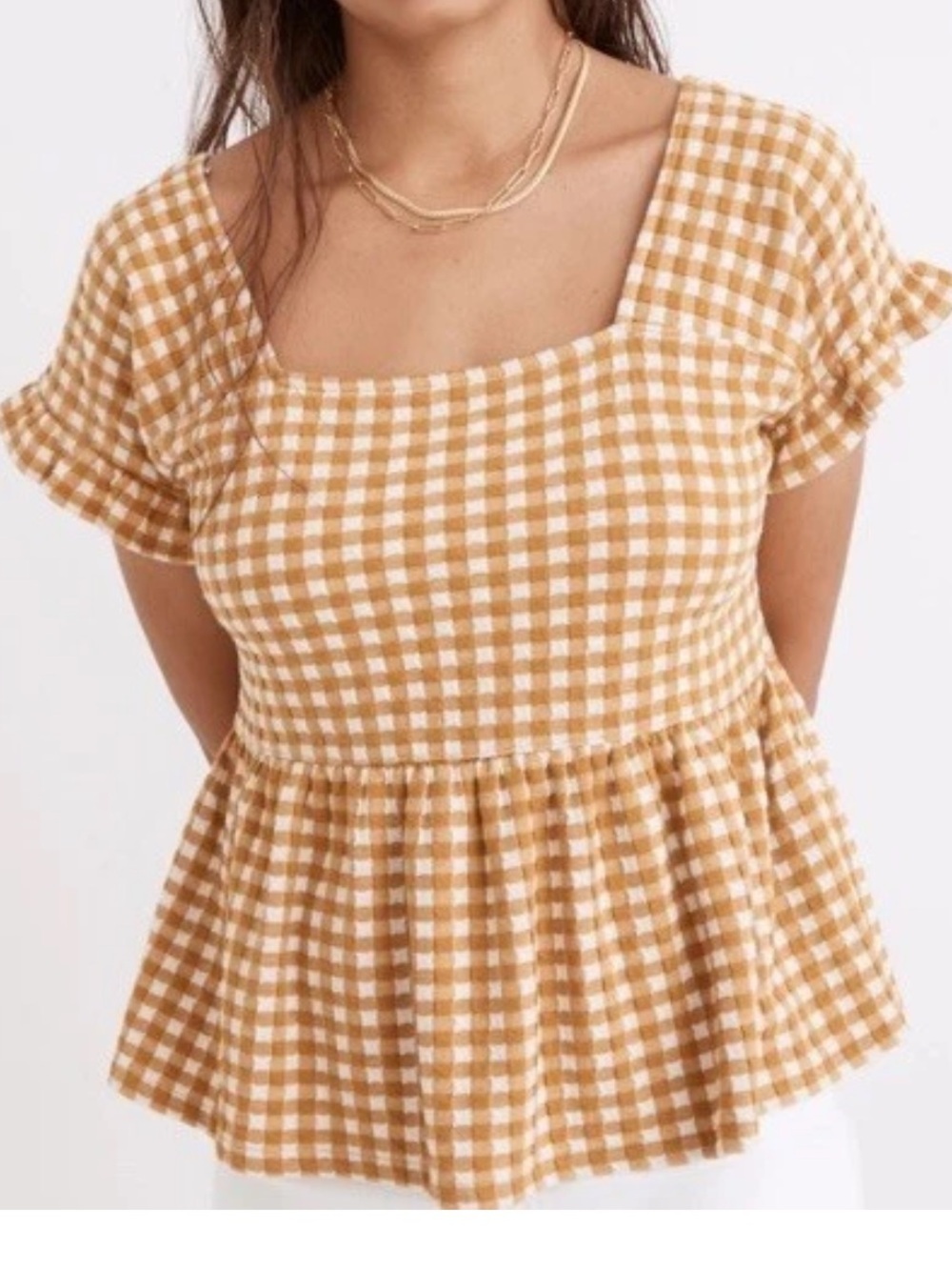 Madewell Gingham Square-Neck Peplum Top - Mustard Yellow XXS